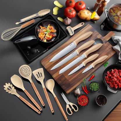 18-teiliges Küchenmesser-Set mit Silikon-Utensilien & Messerblock Khaki