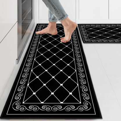 2x Küchenteppich Set Öl-Aufnehmend 40x120cm + 40x60cm Schwarz Karo