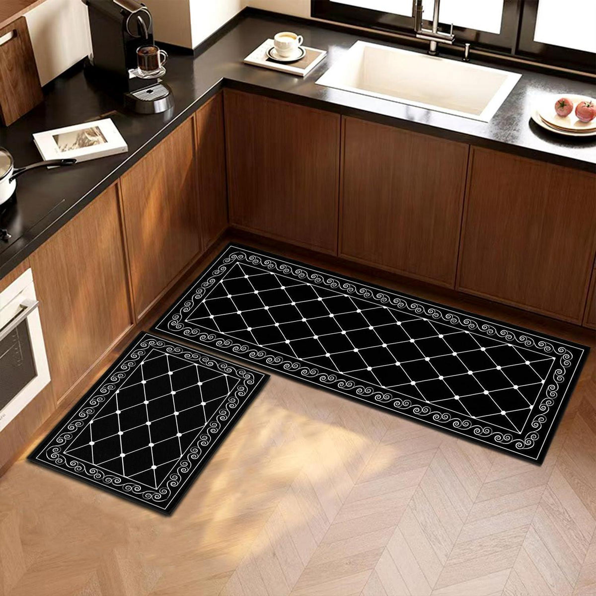 2x Küchenteppich Set Öl-Aufnehmend 40x120cm + 40x60cm Schwarz Karo