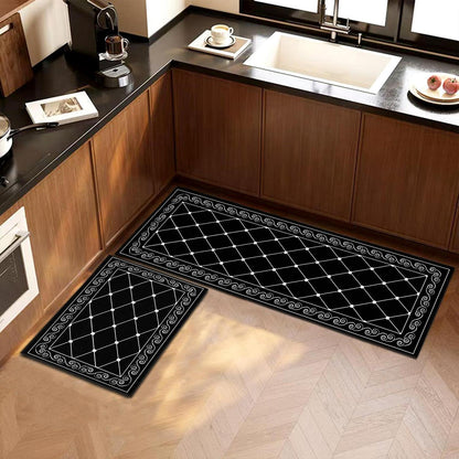 2x Küchenteppich Set Öl-Aufnehmend 40x120cm + 40x60cm Schwarz Karo