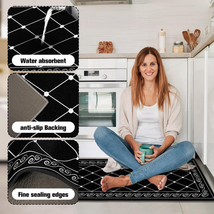 2x Küchenteppich Set Öl-Aufnehmend 40x120cm + 40x60cm Schwarz Karo