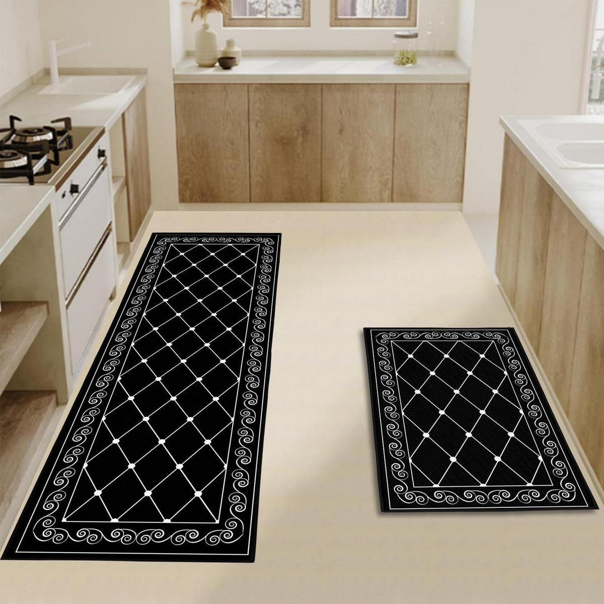 2x Küchenteppich Set Öl-Aufnehmend 40x120cm + 40x60cm Schwarz Karo