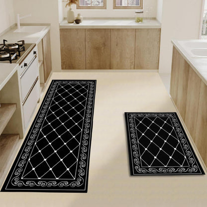 2x Küchenteppich Set Öl-Aufnehmend 40x120cm + 40x60cm Schwarz Karo