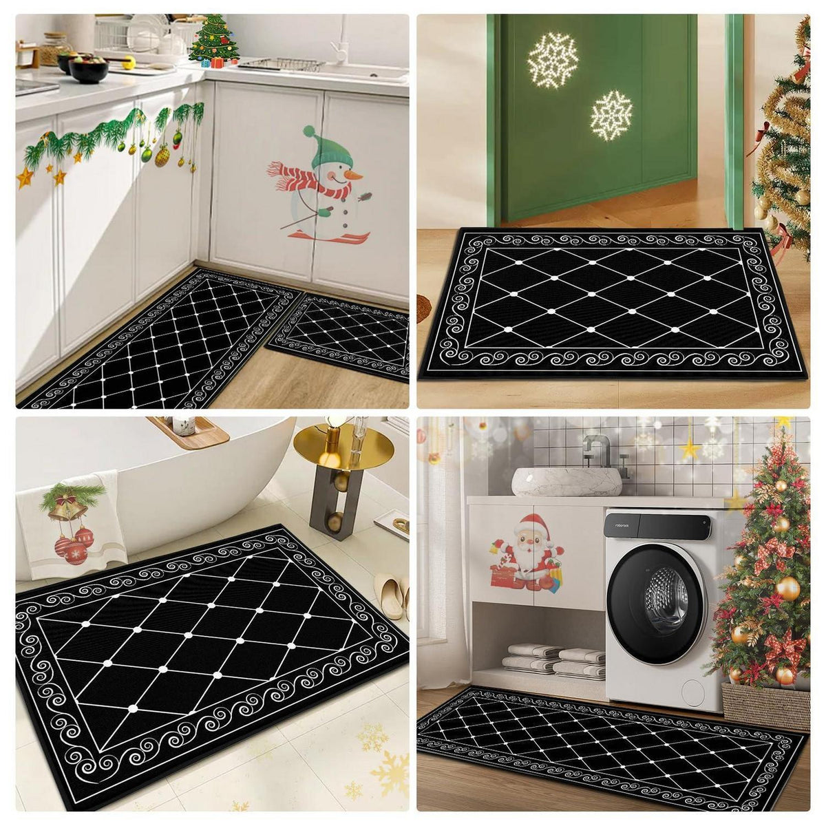 2x Küchenteppich Set Öl-Aufnehmend 40x120cm + 40x60cm Schwarz Karo