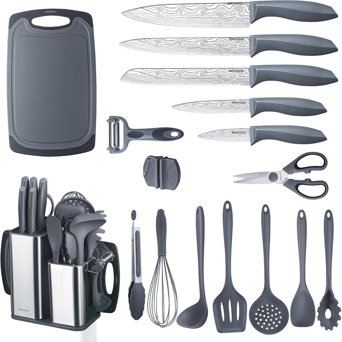 18-teiliges Küchenmesser-Set mit Silikon-Utensilien & Messerblock Grau