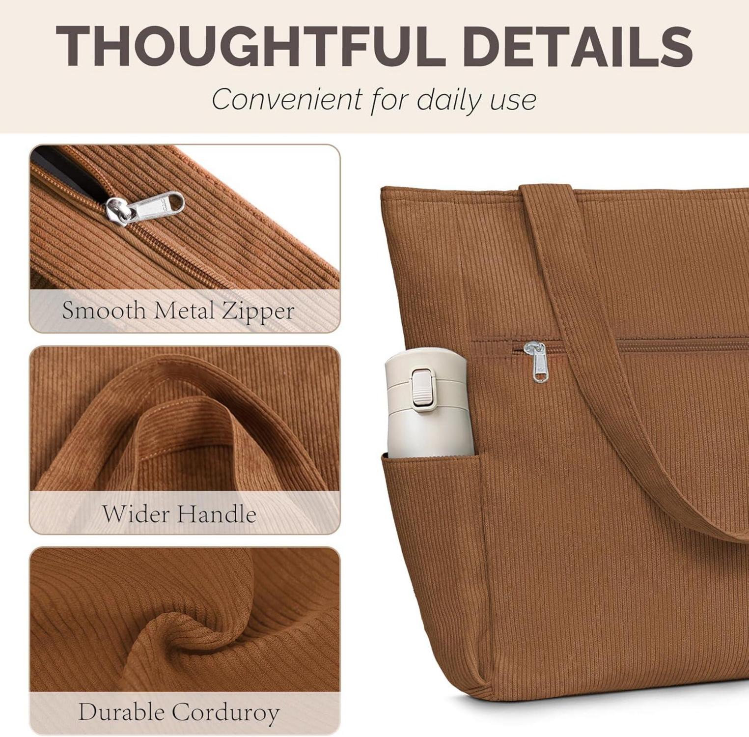 Cordury Tote Bag Große Umhängetasche Reißverschluss Taschen Reisen Fitnessstudio Urlaub Braun