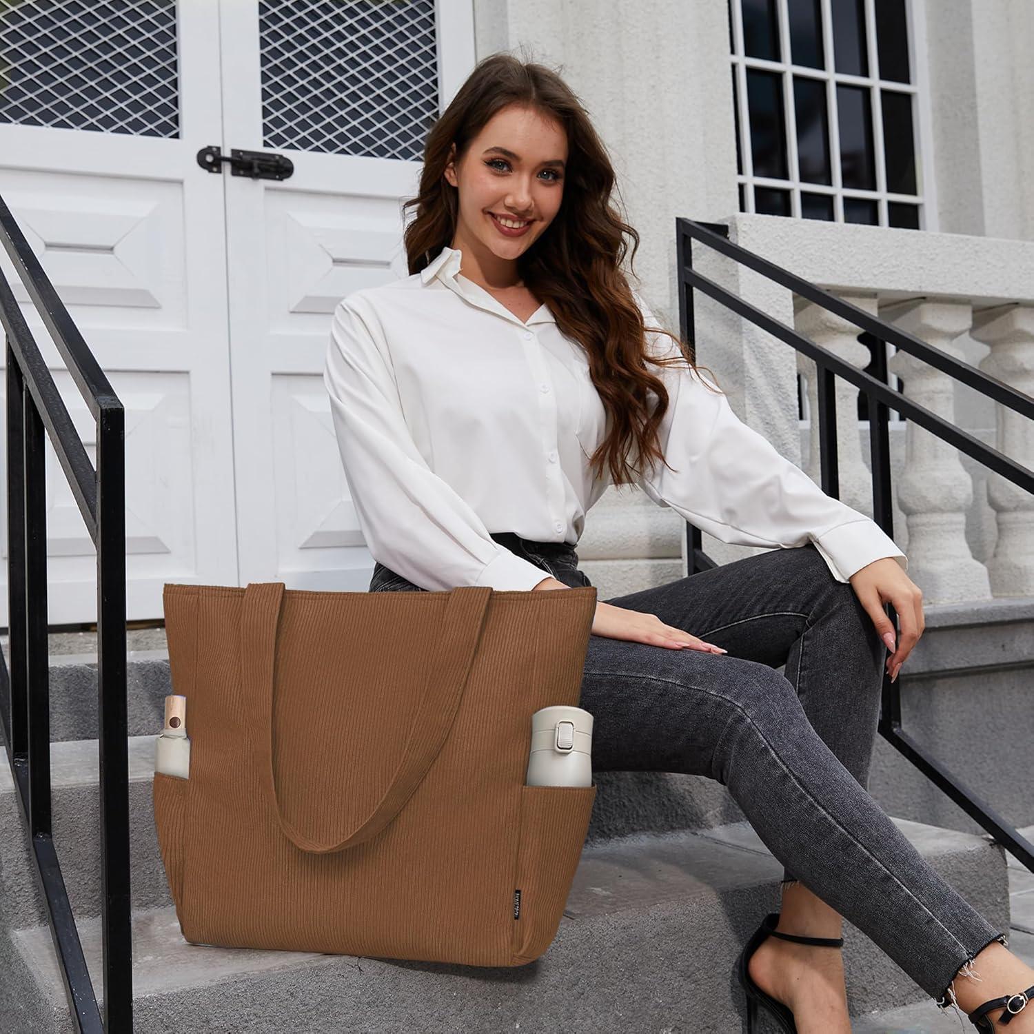 Cordury Tote Bag Große Umhängetasche mit Reißverschluss Braun