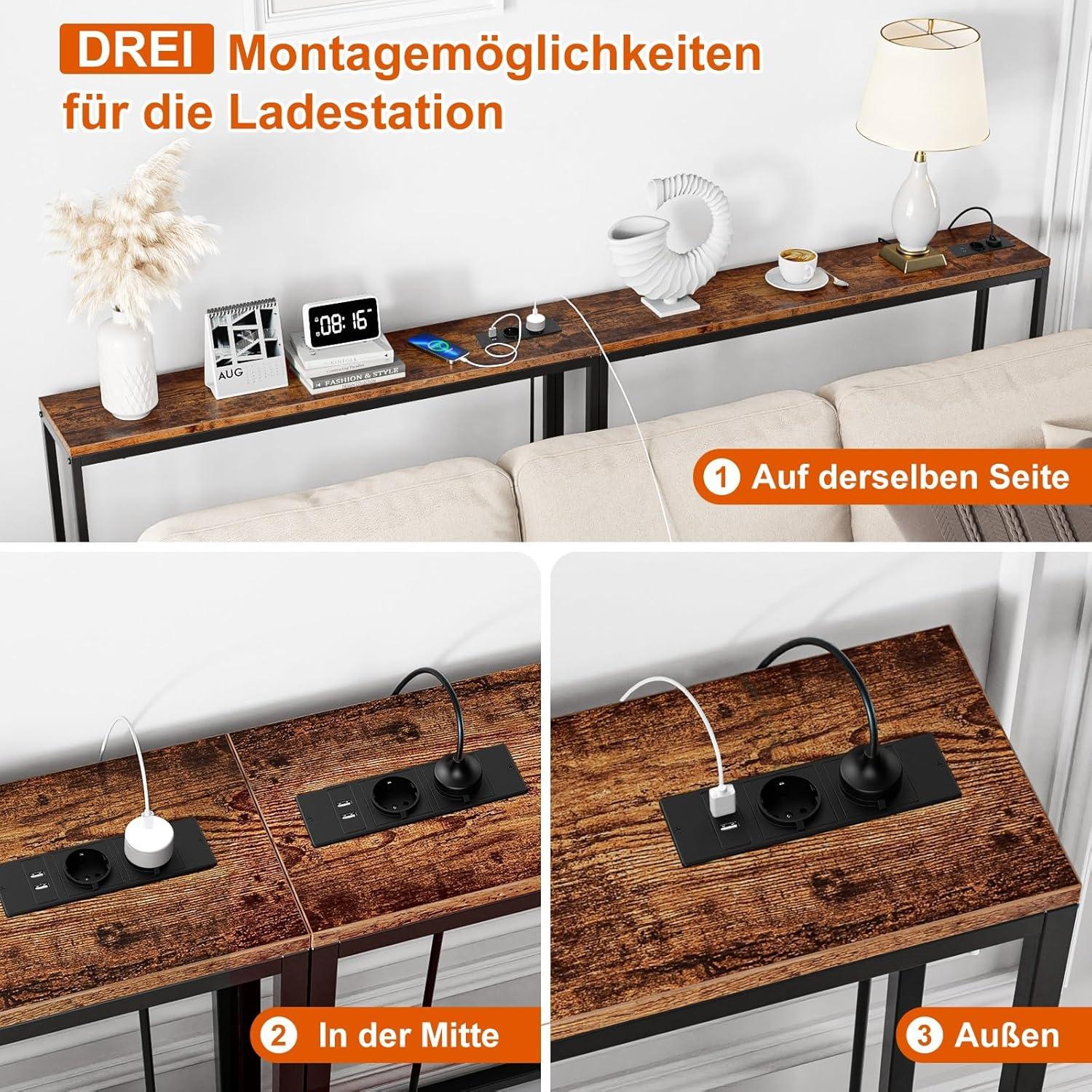 Schmaler Konsolentisch mit Steckdosen und USB, Vintagebraun