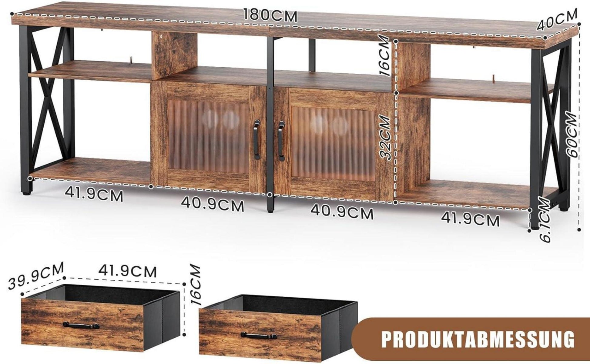 TV Schrank Board Industriestil 180cm 2 Schränke für 60/65/70