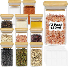 Gewürzgläser Eckig Bambusdeckel Etiketten 12er Set - 6oz/180ml