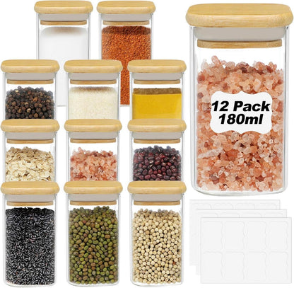 Gewürzgläser Eckig Bambusdeckel Etiketten 12er Set - 6oz/180ml