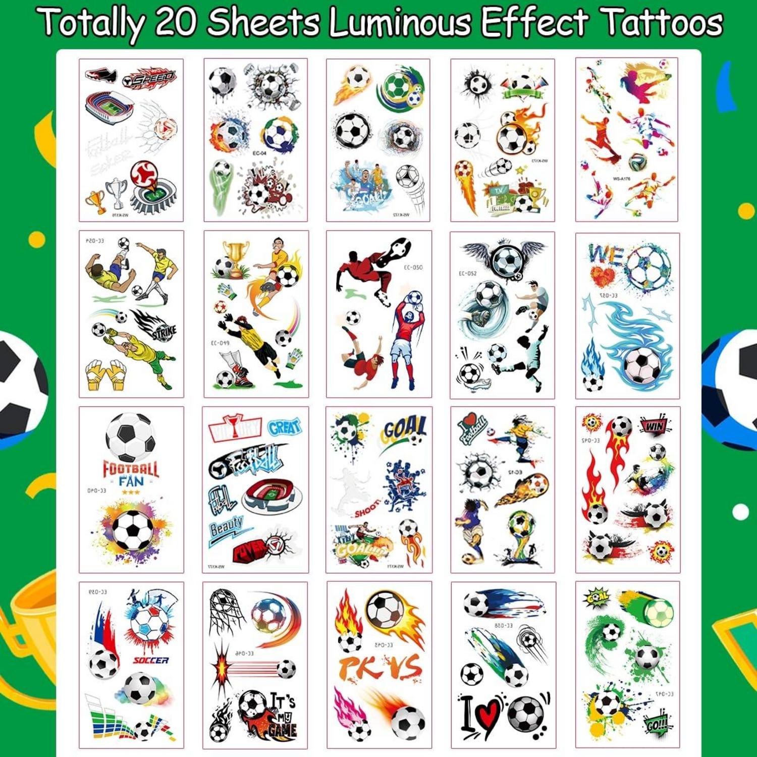 20 Fußball Tattoo Kinder Leuchtend Set, Spielzeug Jungen, hautfreundlich