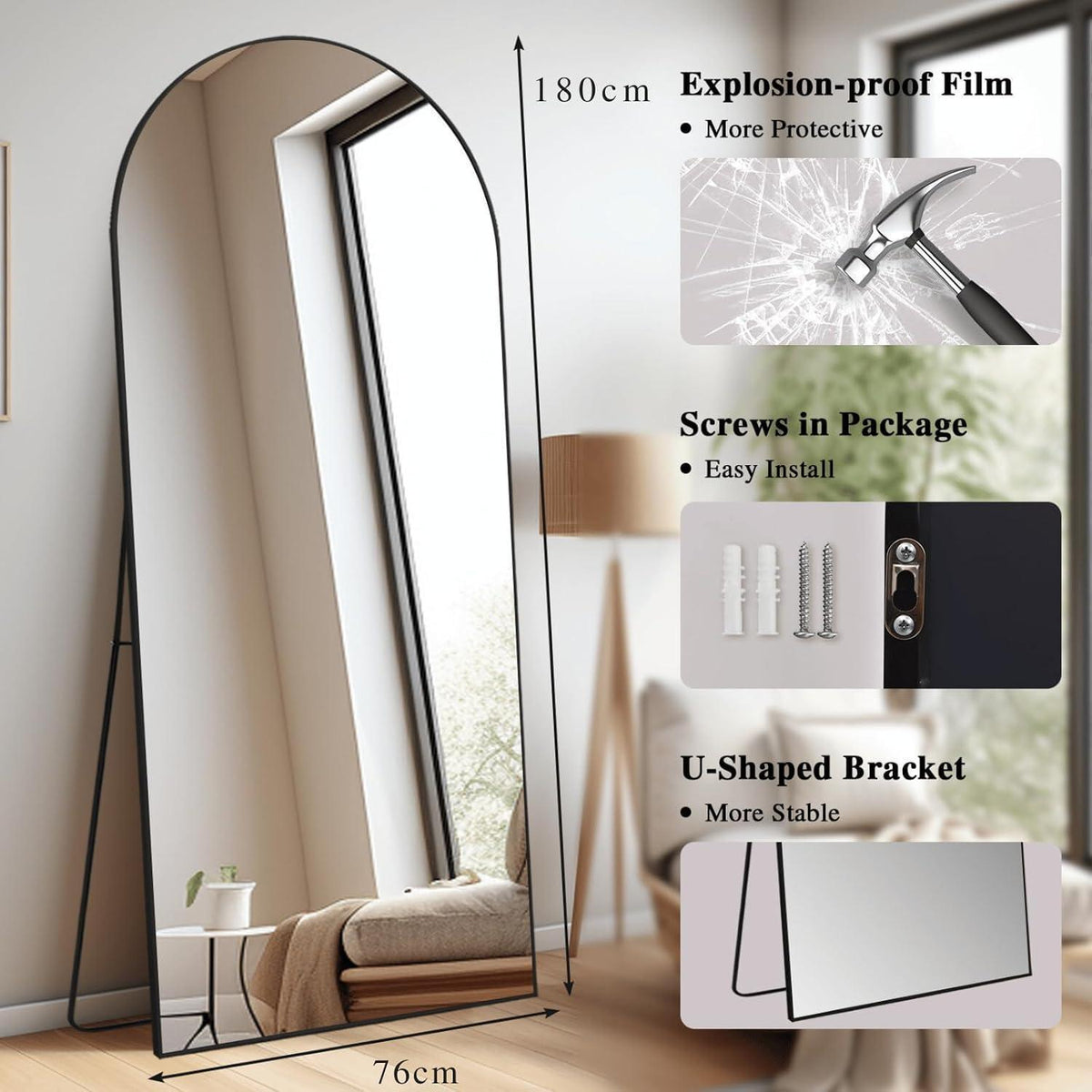 Gewölbter Ganzkörperspiegel 180x76cm – Stehspiegel Schwarz