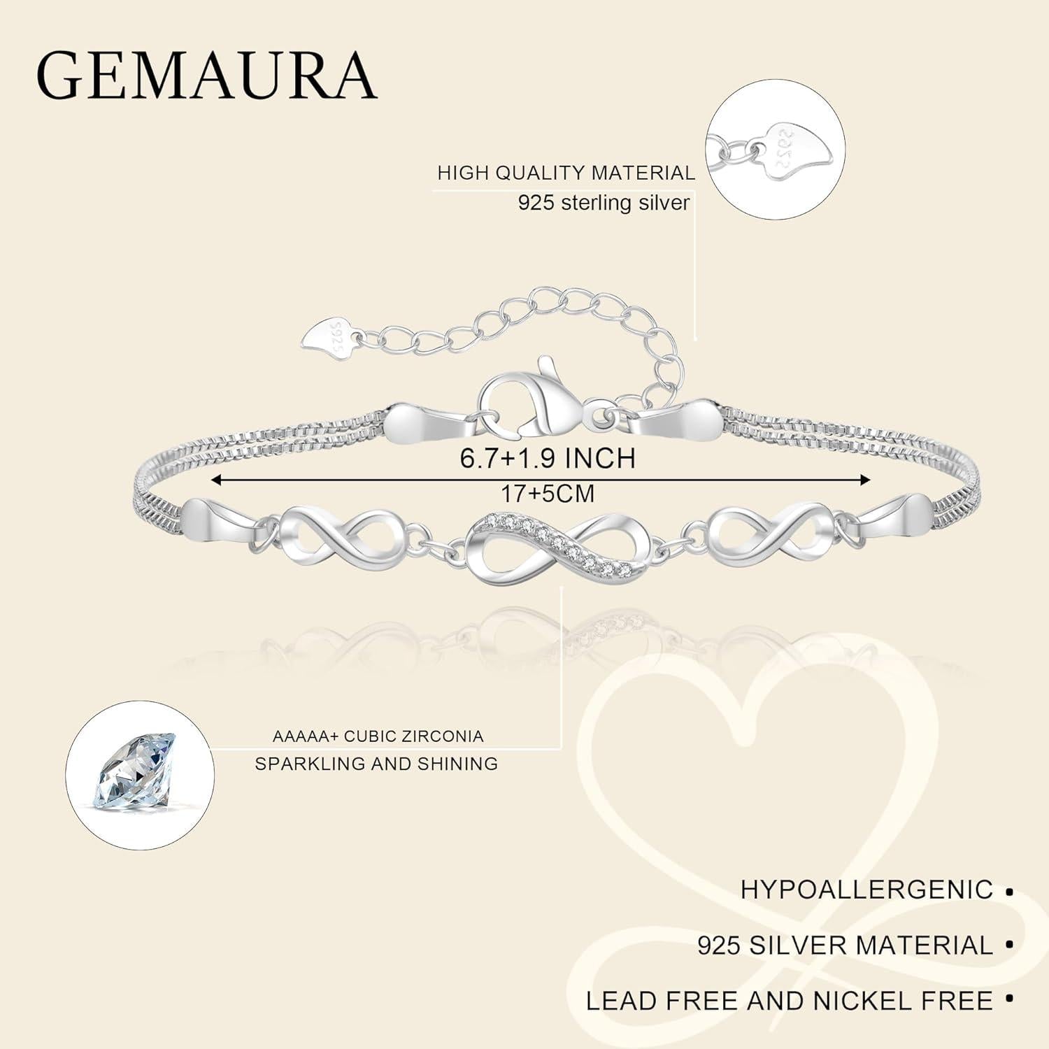 Damen Armband Silber 925 Unendlichkeit Herz Zirkonia Verstellbar Gold