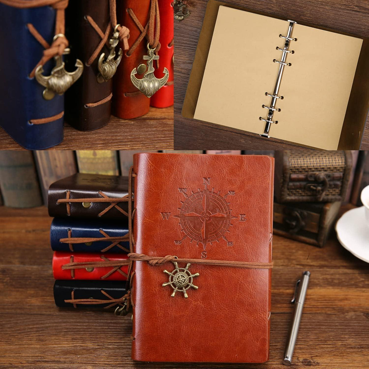 Notizbuch A5 – Vintage Tagebuch Blau Rot in Lederoptik