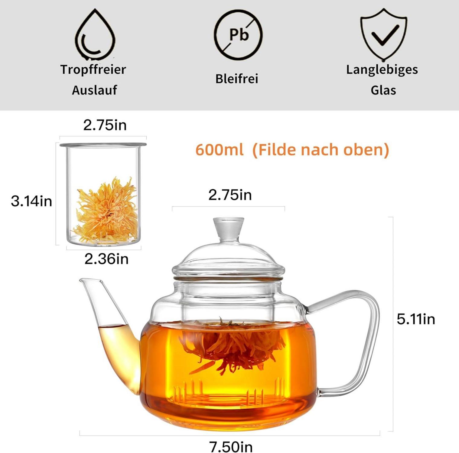Glas Teekanne mit abnehmbarem Infuser 20oz Herd