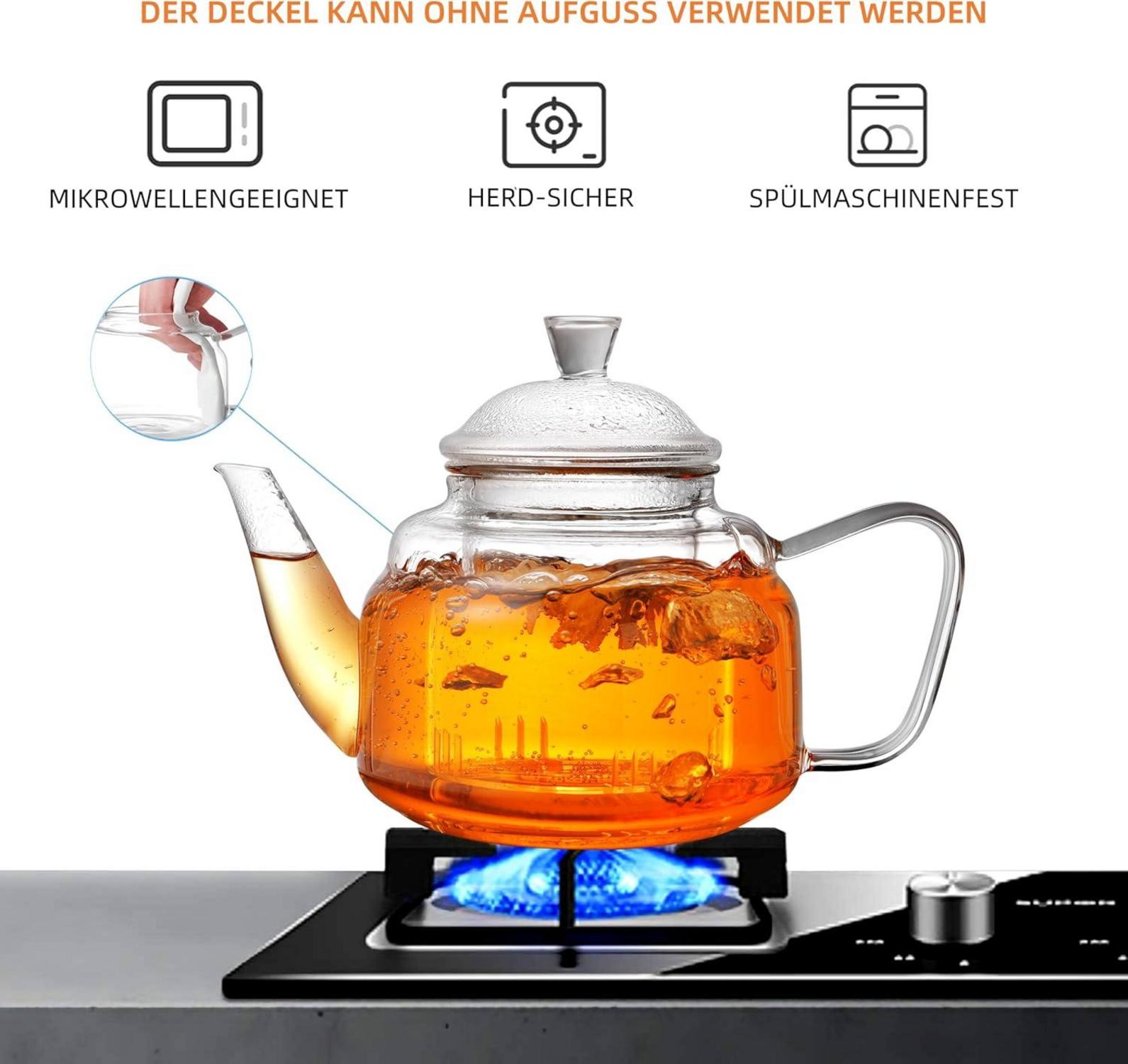 CNGLASS Glas Teekanne mit abnehmbarem Infuser 600ml Borosilikatglas Safe für Herd und Mikrowelle