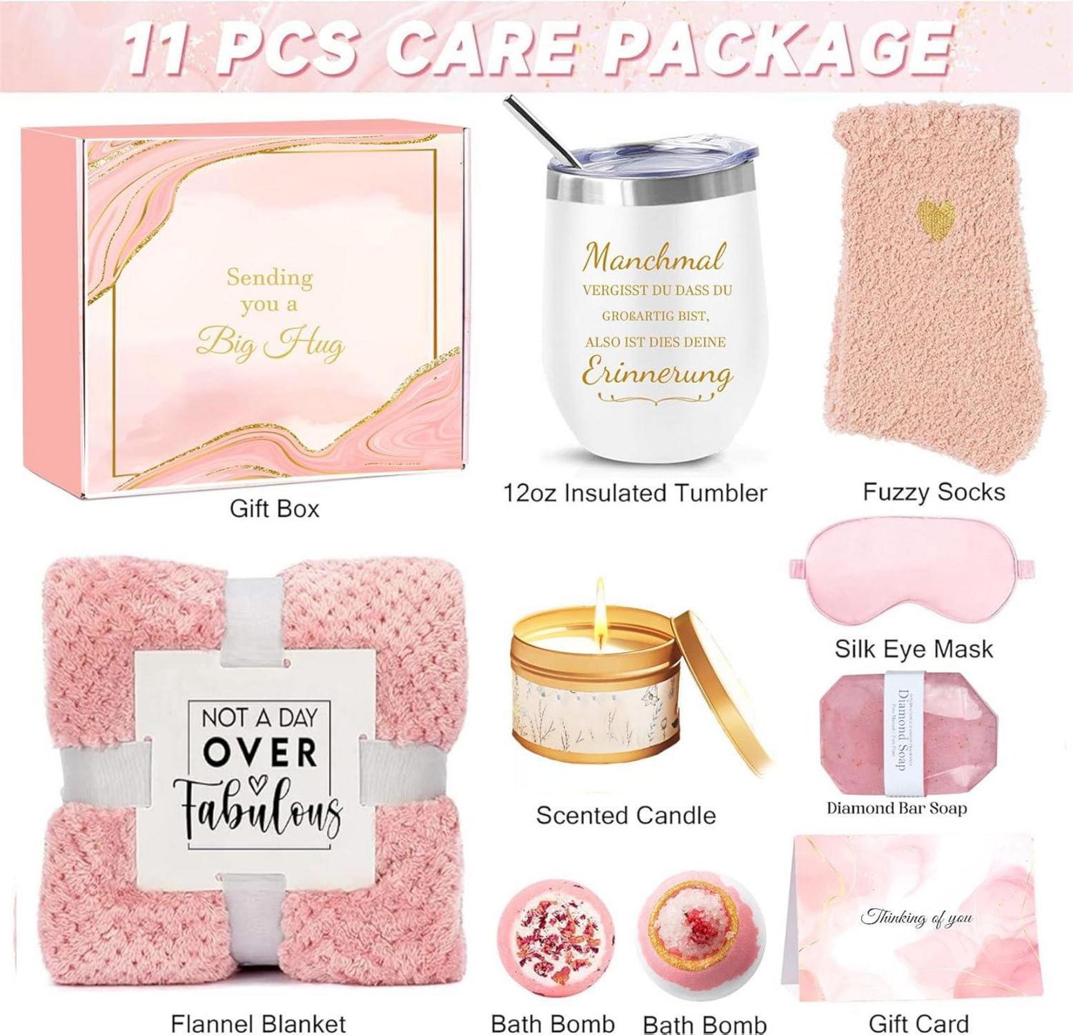 Geburtstagsgeschenk Set Frauen Kuscheldecke 12OZ Edelstahl Weinbecher Socken Kerze Seife Augenmaske Grußkarte Box