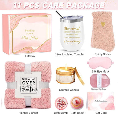 Geburtstagsgeschenk Set Frauen Kuscheldecke 12OZ Edelstahl Weinbecher Socken Kerze Seife Augenmaske Grußkarte Box