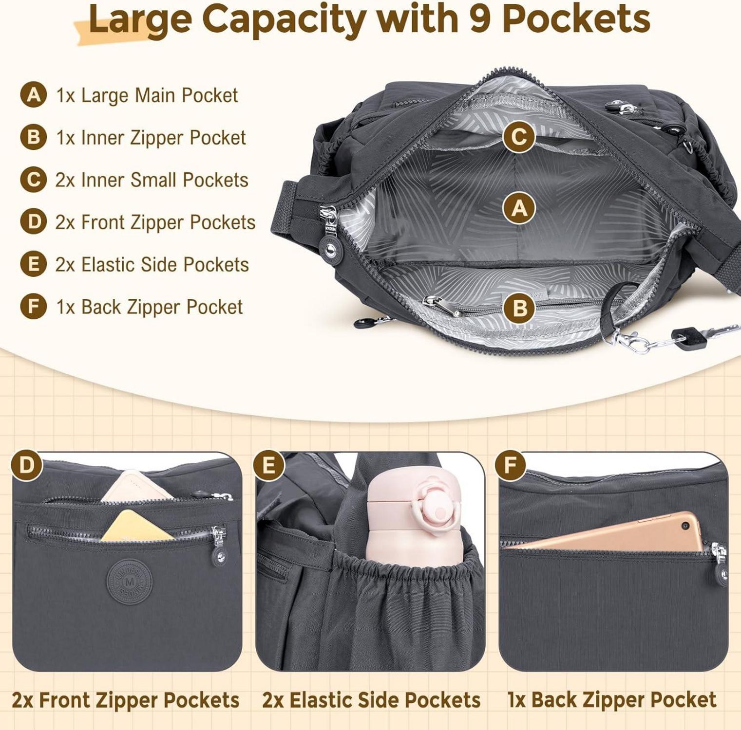 WACCET Umhängetasche Damen Groß Wasserdicht Nylon Crossbody Bag Verstellbarer Schultergurt