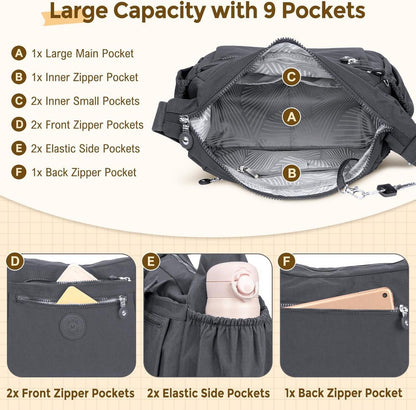 WACCET Umhängetasche Damen Groß Wasserdicht Nylon Crossbody Bag Verstellbarer Schultergurt