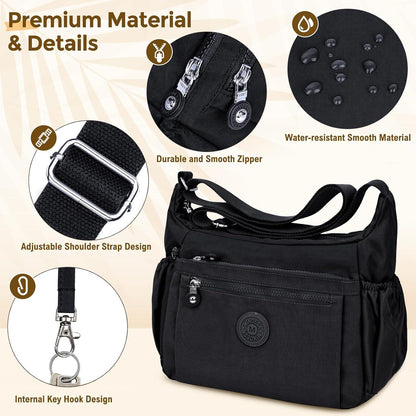 Große WACCET Damen Umhängetasche Wasserdicht Nylon Crossbody Schwarz
