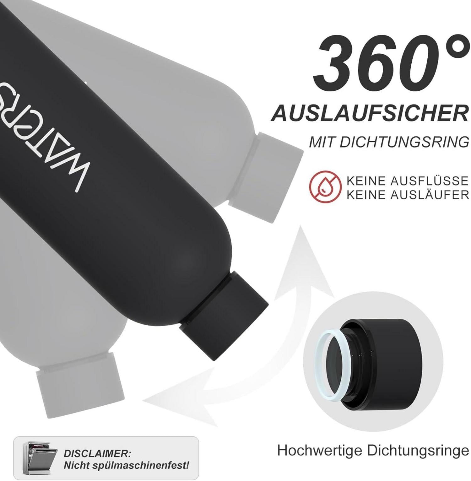 Isolierte Trinkflasche Edelstahl 500 ml Schwarz Auslaufsicher