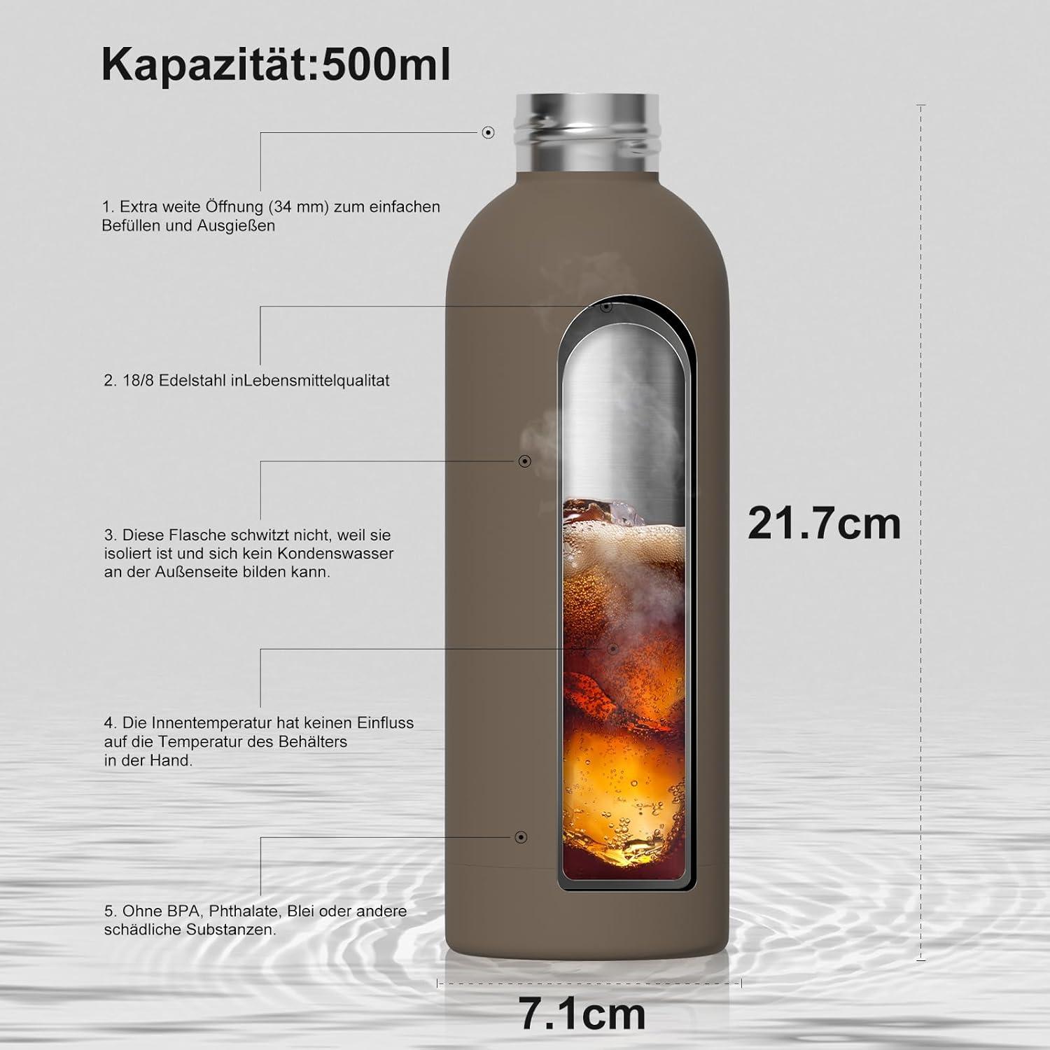 Isolierte Trinkflasche Edelstahl 500 ml Thermosflasche Braun
