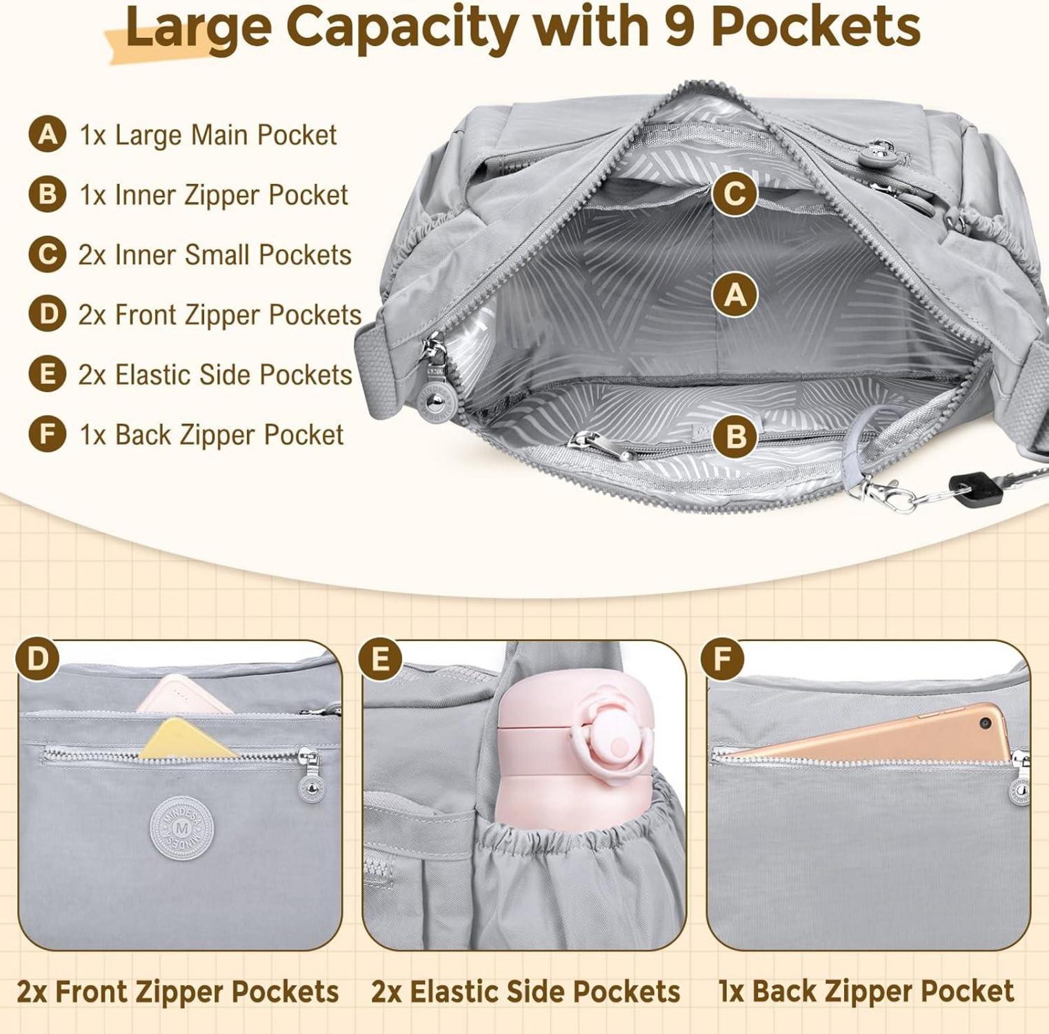 WACCET Umhängetasche Damen Groß Nylon Schultertasche 9 Fächer Wasserdicht ideal für Reisen & Arbeit