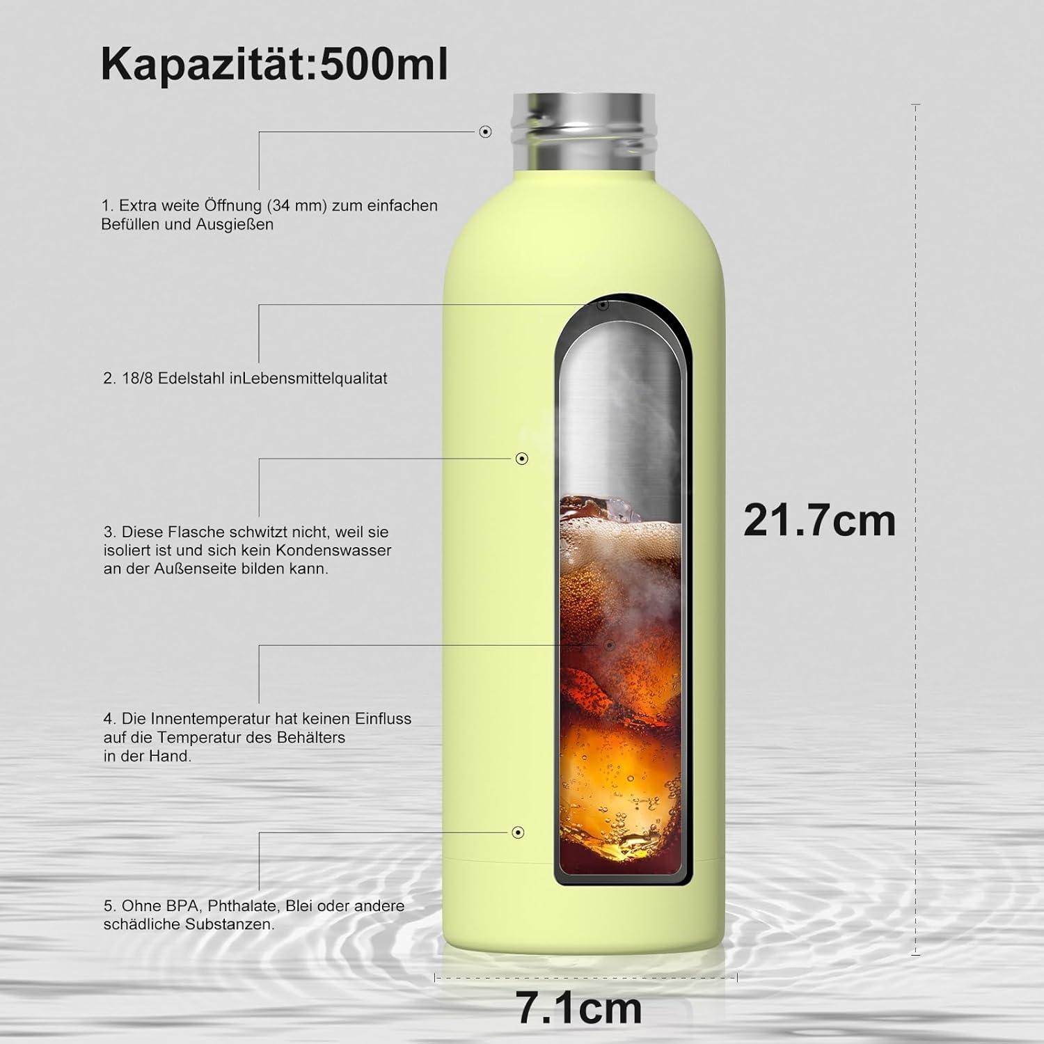Isolierte Edelstahl Trinkflasche 500 ml, Thermosflasche kalt