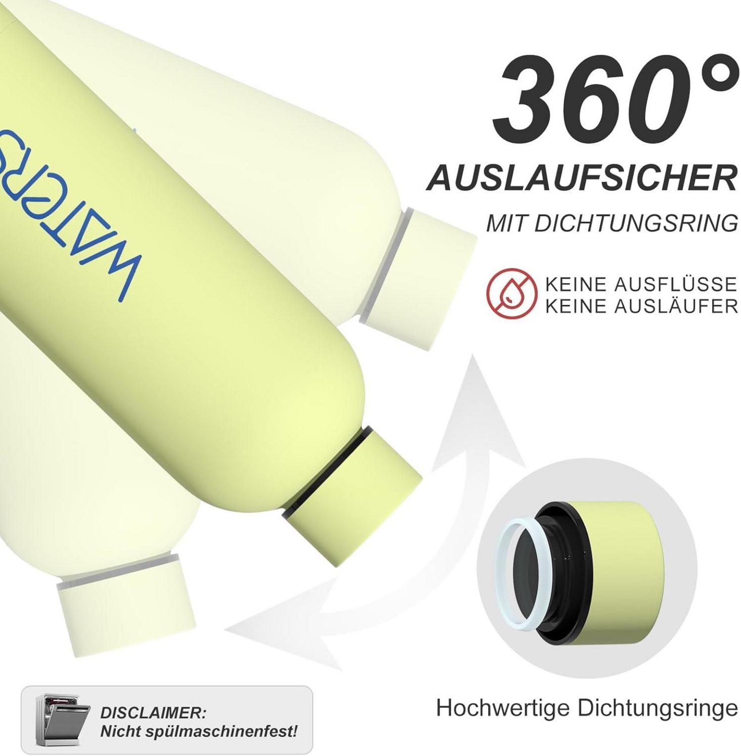 Isolierte Trinkflasche Edelstahl 500 ml Wasserflasche Dopper Sport Thermoskanne 24h kalt, Zitronengelb