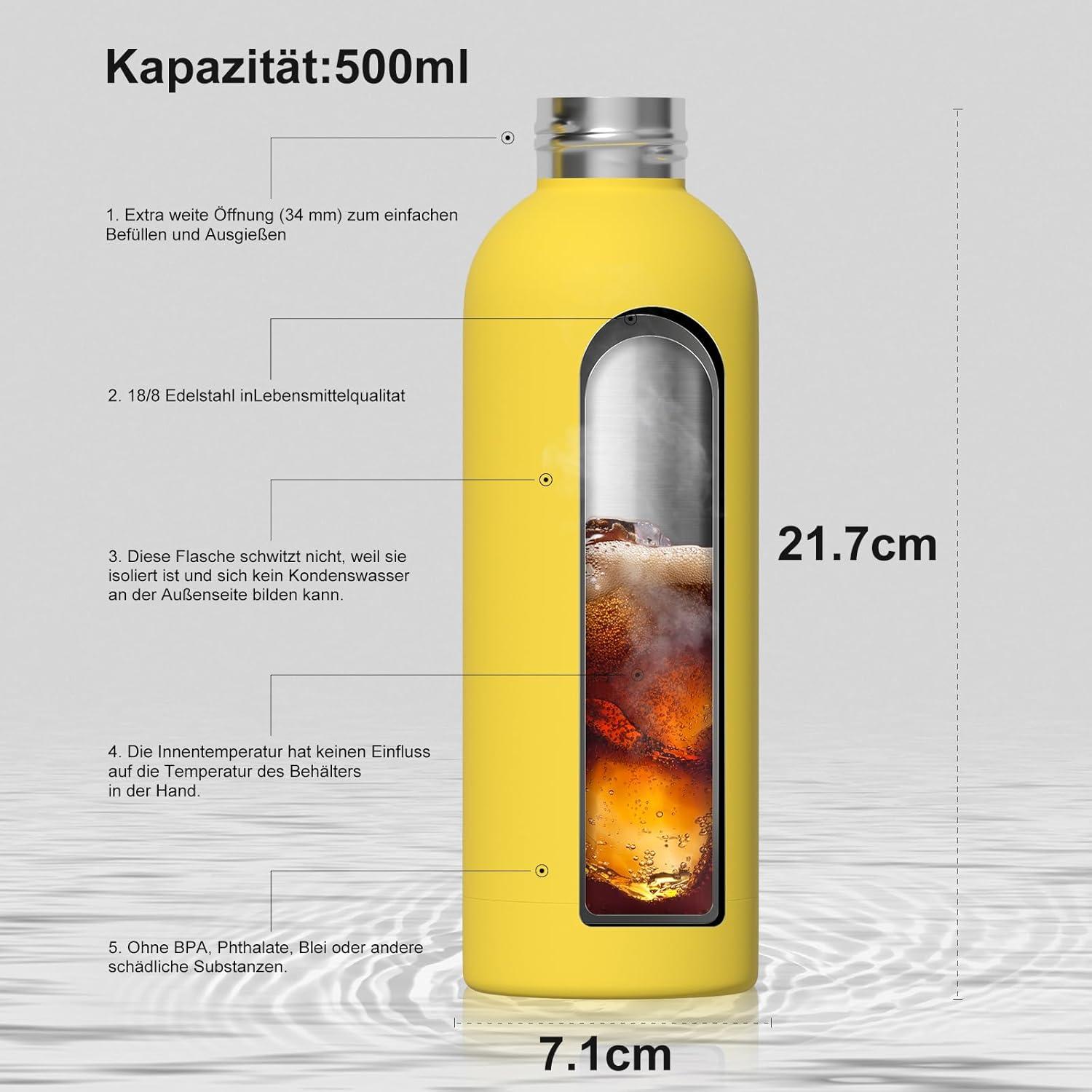 Isolierte Edelstahl Trinkflasche Thermoflasche 500ml gelb