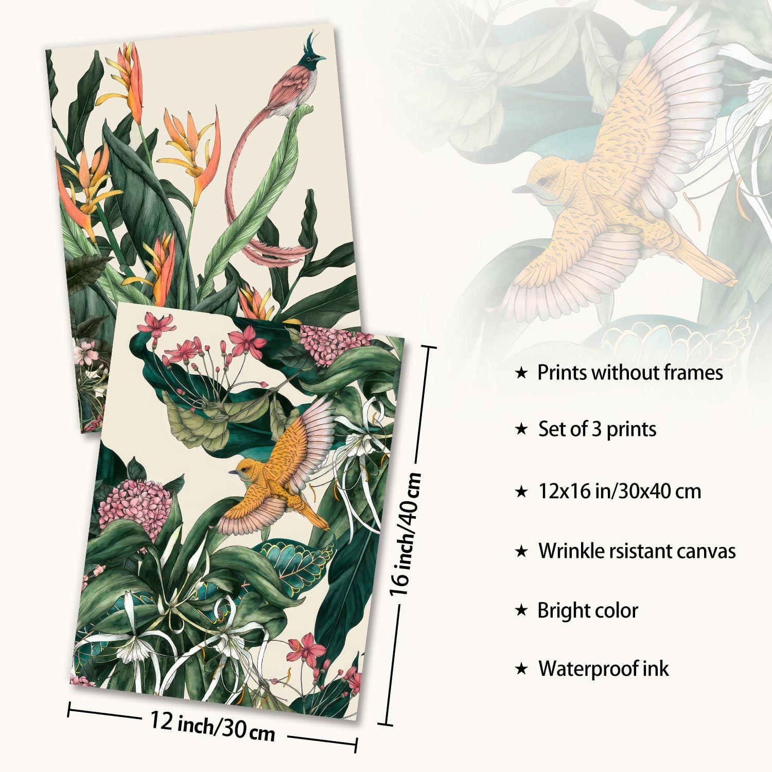 Vintage Blumen Vögel Wanddekoration Poster Set 12x16 Wohnzimmer Schlafzimmer