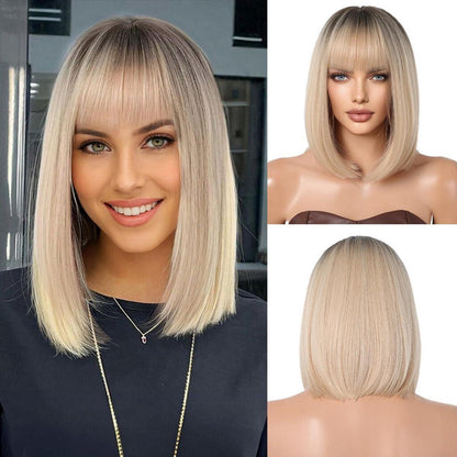 Ombre Blonde Bob Perücke mit Pony für Frauen - Kurz Gerade