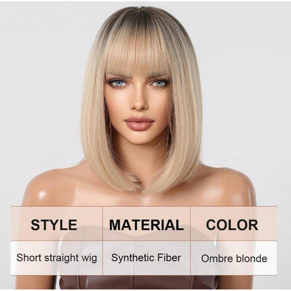 Ombre Blonde Bob Perücke mit Pony für Frauen - Kurz Gerade
