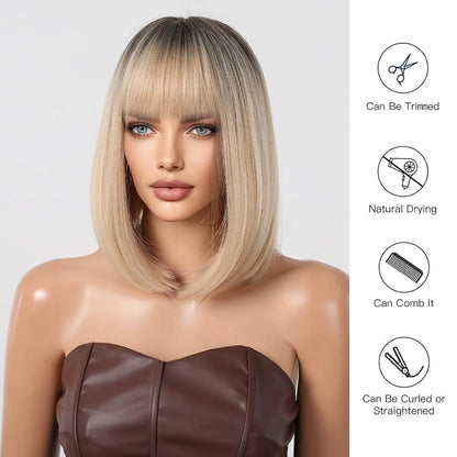 Ombre Blonde Bob Perücke mit Pony für Frauen - Kurz Gerade