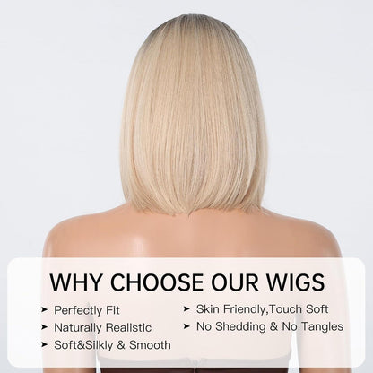 Ombre Blonde Bob Perücke mit Pony für Frauen - Kurz Gerade