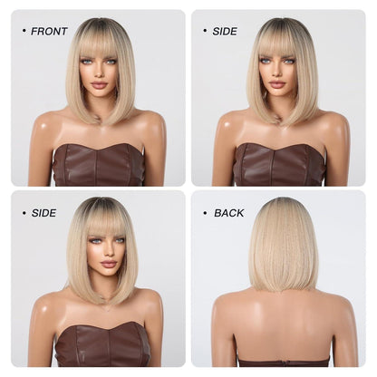 Ombre Blonde Bob Perücke mit Pony für Frauen - Kurz Gerade