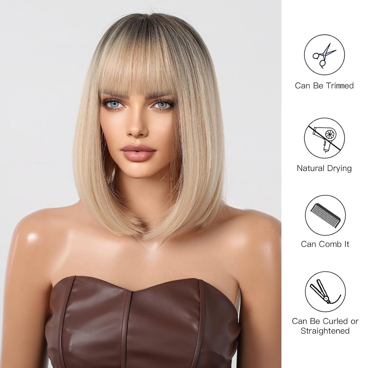 Ombre Blonde Bob Perücke mit Pony - Kurze Synthetische Perücke