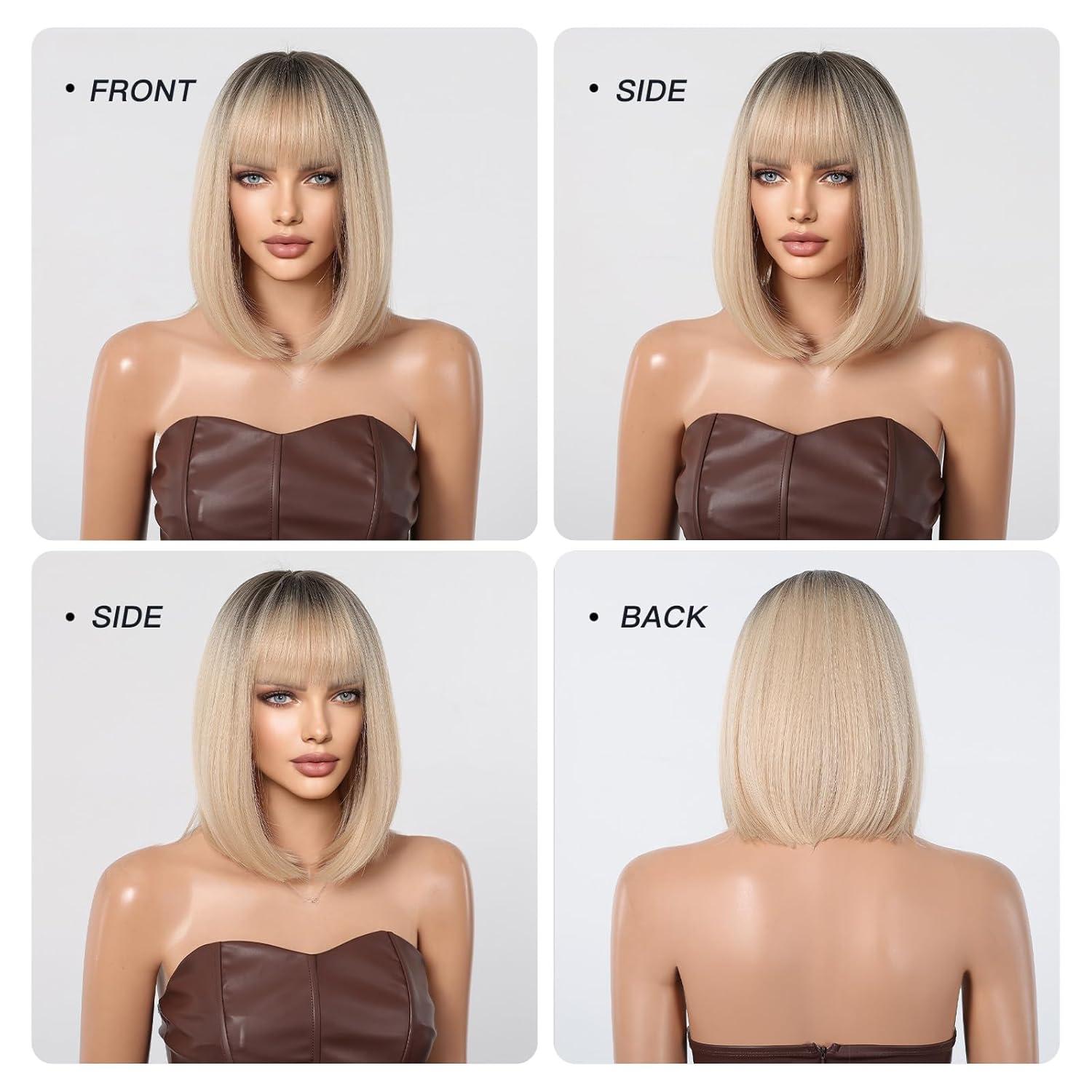 Ombre Blonde Bob Perücke mit Pony für Frauen - Kurz gerade