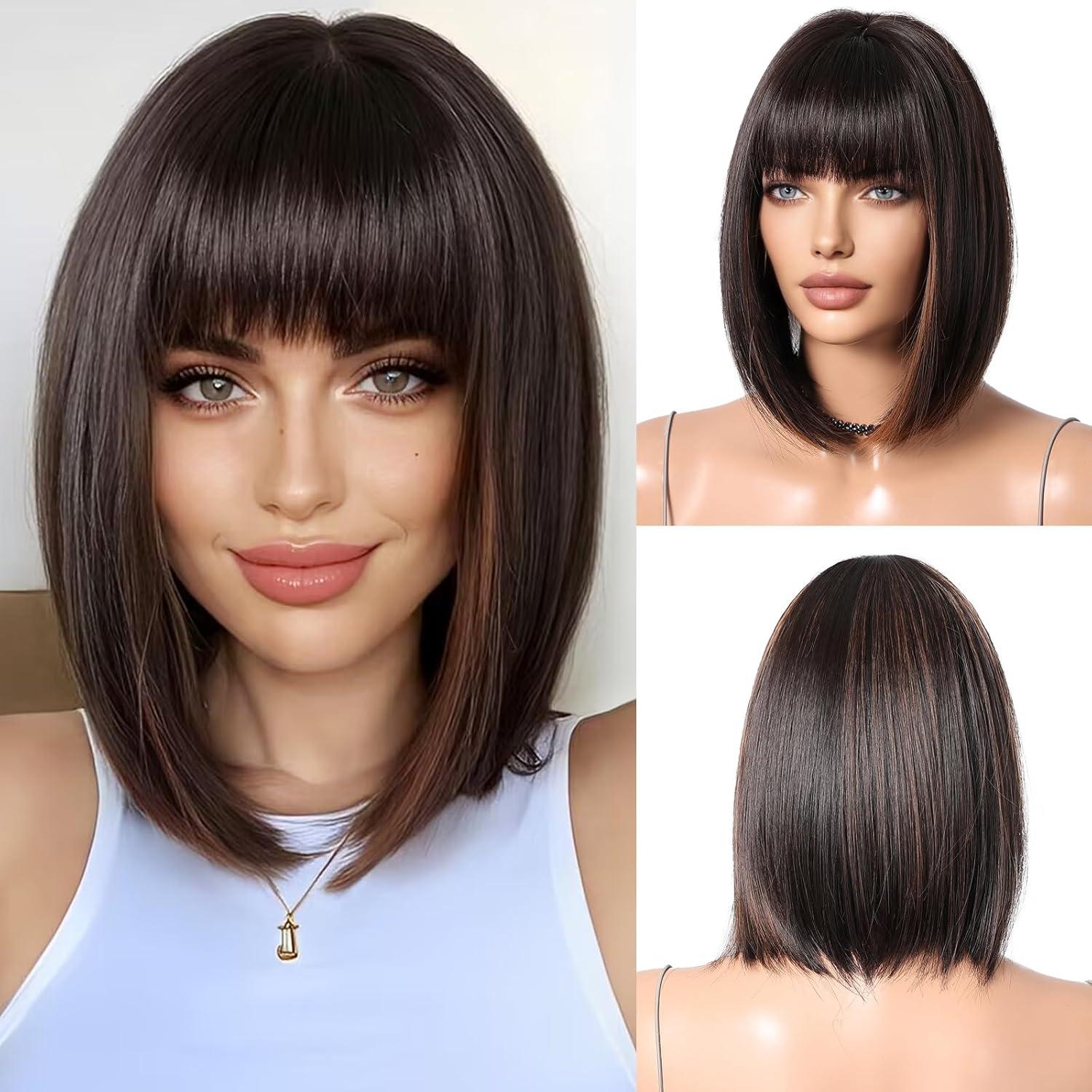 Highlight Bob Perücke mit Pony Dunkelbraun Synthetisch