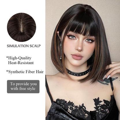 Highlight Bob Perücke mit Pony Dunkelbraun Synthetisch