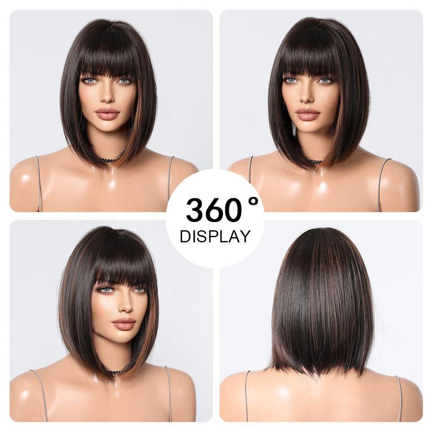 Dunkelbraune Bob Perücke mit Pony für Frauen - Synthetisches Haar