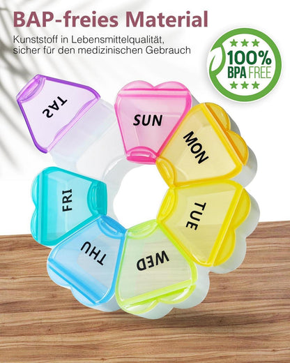 Pillenbox mit 7 Fächern, herzförmig, reisefreundlich