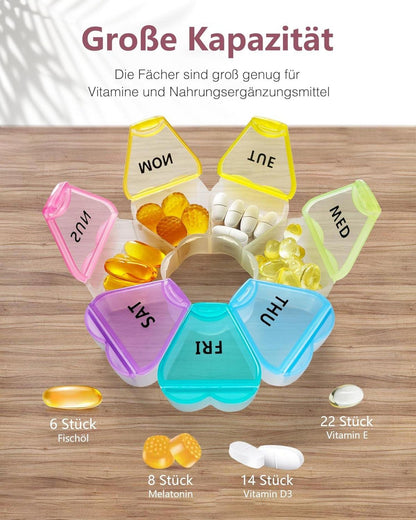 FHORAIN Herzförmige Pillenbox mit 7 Fächern, reisefreundlich, Vitamin-Organizer