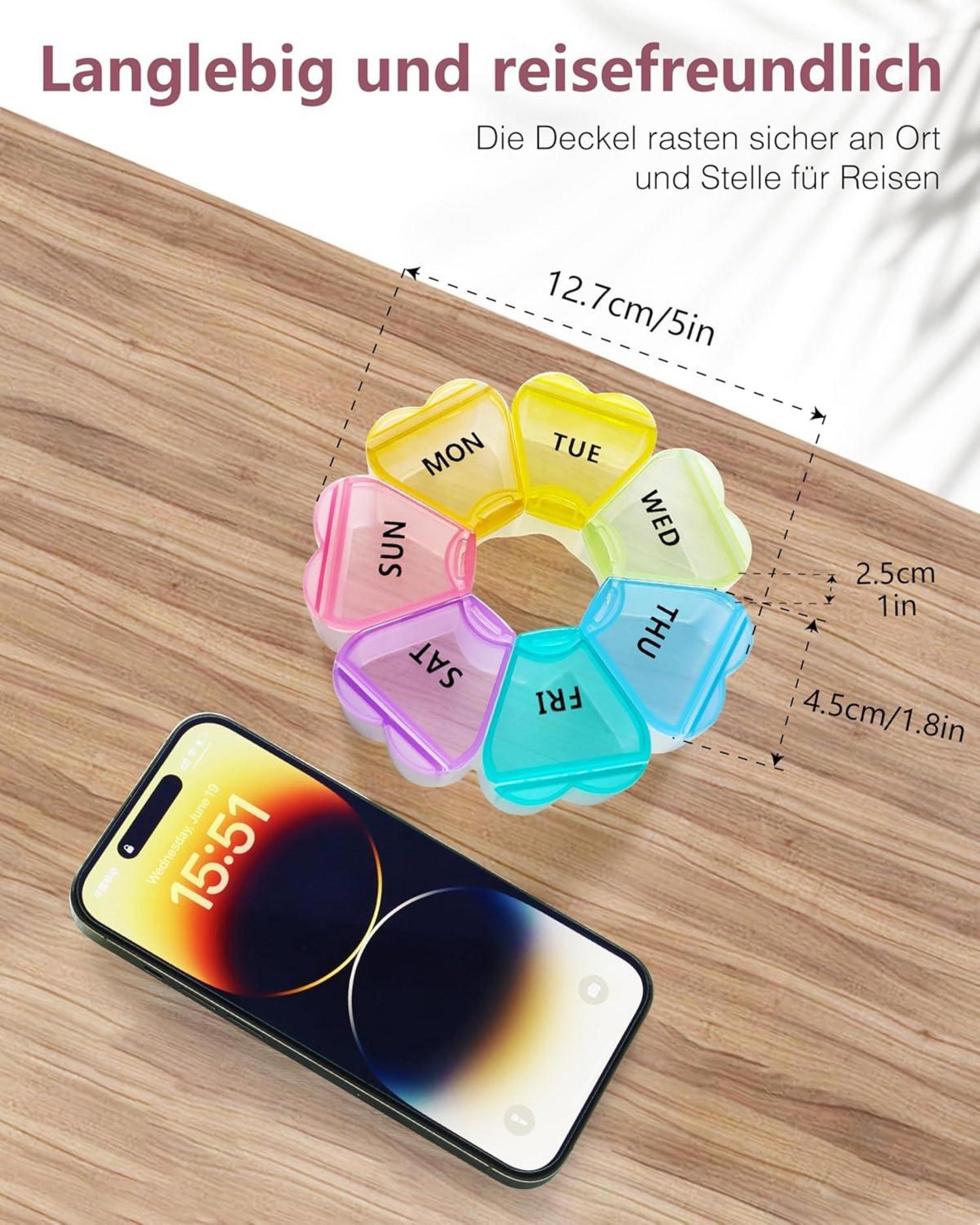 Runde Pillenbox mit 7 Fächern, reisefreundlich, Vitamin-Organizer