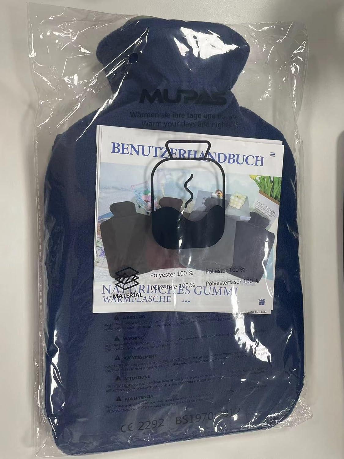 Wärmflasche mit Vliesbezug 2L Groß Bettflasche Naturkautschuk Blau