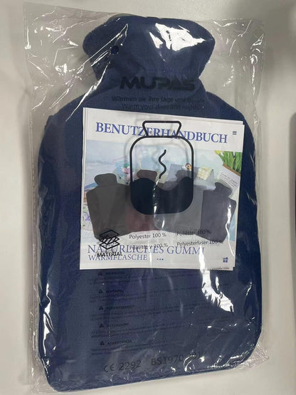 Wärmflasche mit Vliesbezug 2L Groß Bettflasche Naturkautschuk Blau
