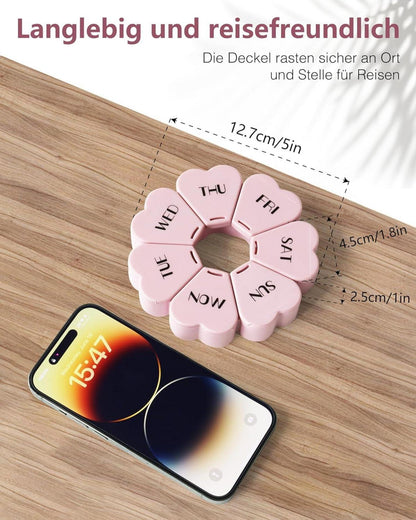Pillenbox mit 7 großen Fächern für die Woche, reisefreundlich in Rosa