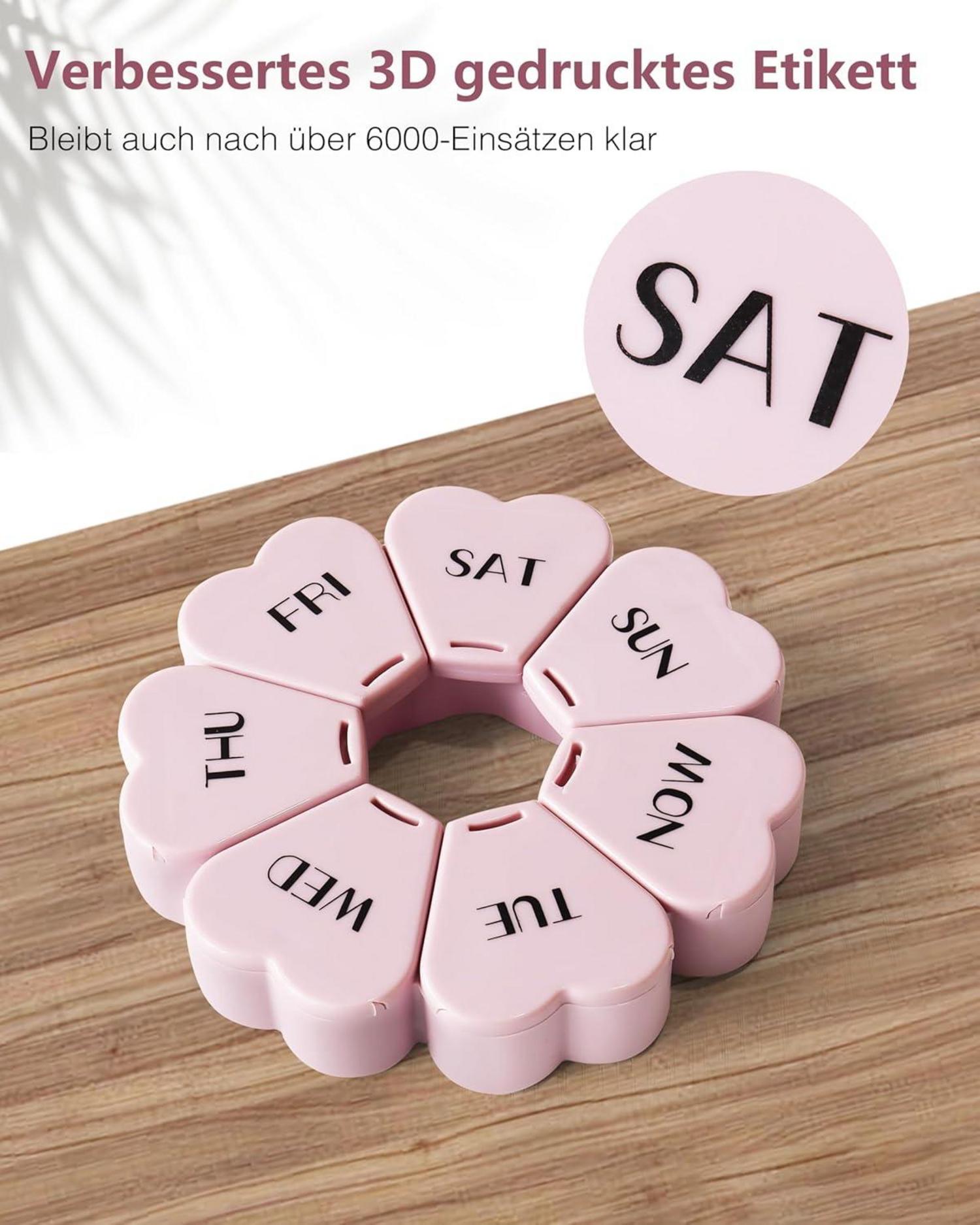 Pillenbox mit 7 großen Fächern für die Woche, reisefreundlich in Rosa